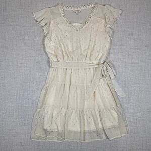 Sweet Wanderer Boho Midi Dress Cream Ruffle Sleeve Tie Waist Gold Size L